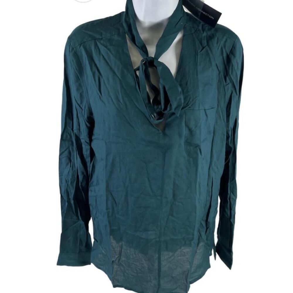 NWT French Connection Jewel Green Tie Neck Button Up Shirt Womens Size 8 - Picture 1 of 2